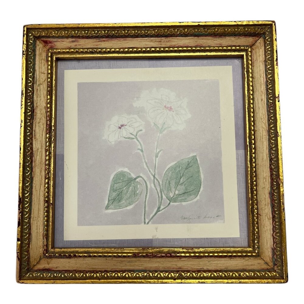 Vintage Marguerite Lanot Framed Floral Print – 7” Gold Ornate Frame Botanical Wa